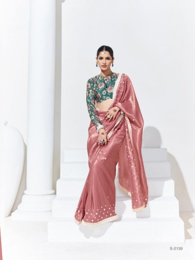 Organza Tissue Silk Saree with blouse in Peach and Teal 2139